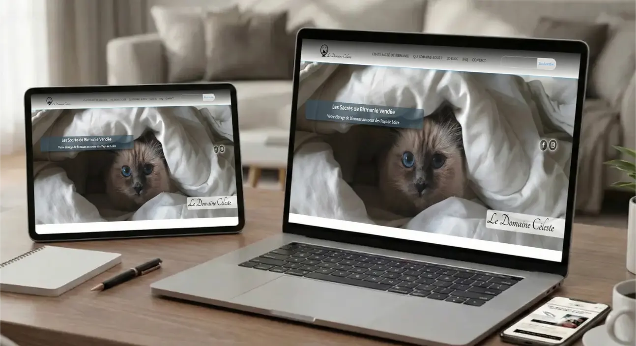 vu du site "Chatterie du Domaine Céleste" sur trois écrans : Pc,tablette et mobile