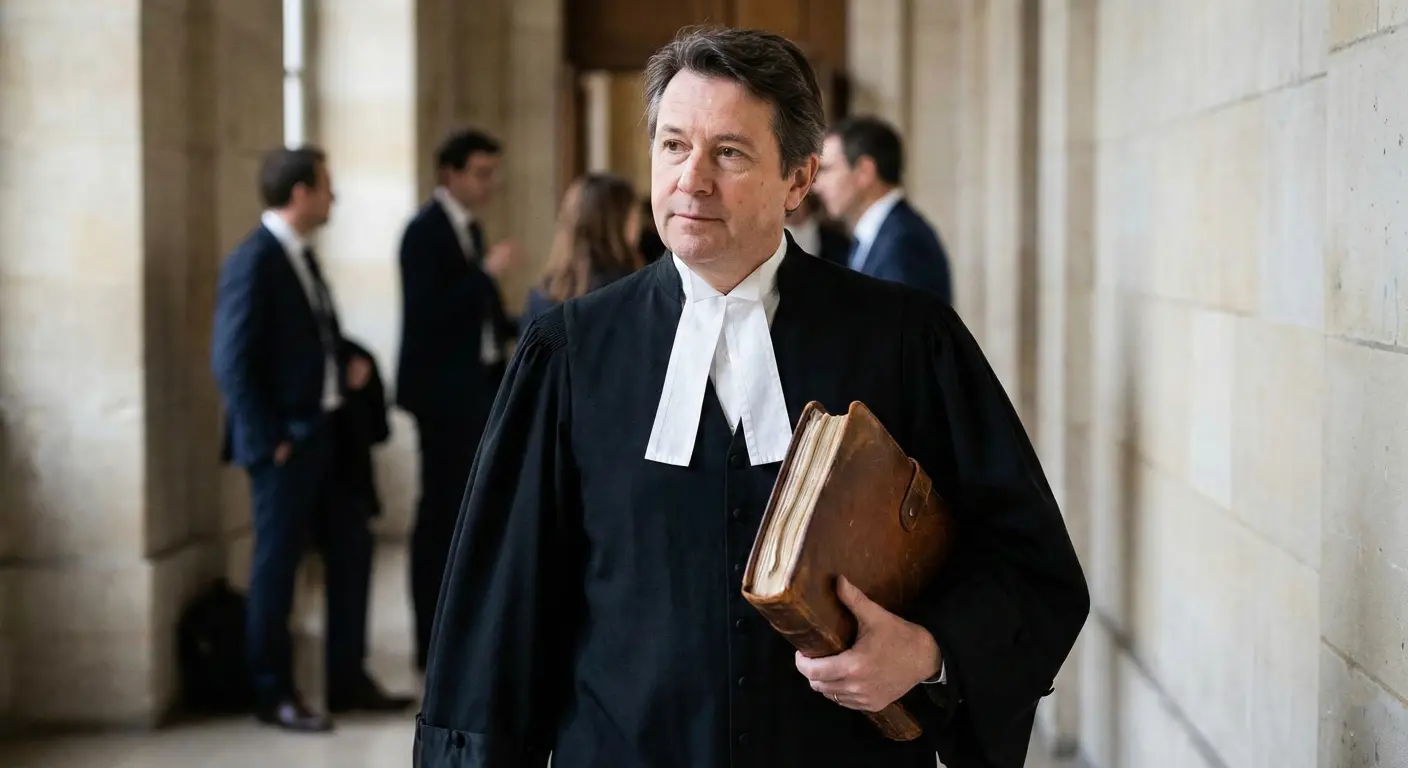 Avocat en toge au tribunal avocat à la sortie d'un tribunal avec un dossier sous le bras et habillé avec sa toge d'avocat