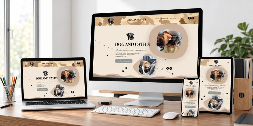 Site one page de Dog and Cath’s affiché sur ordinateur, tablette et mobile